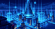 Encrypted glimpse of a neon simulated city